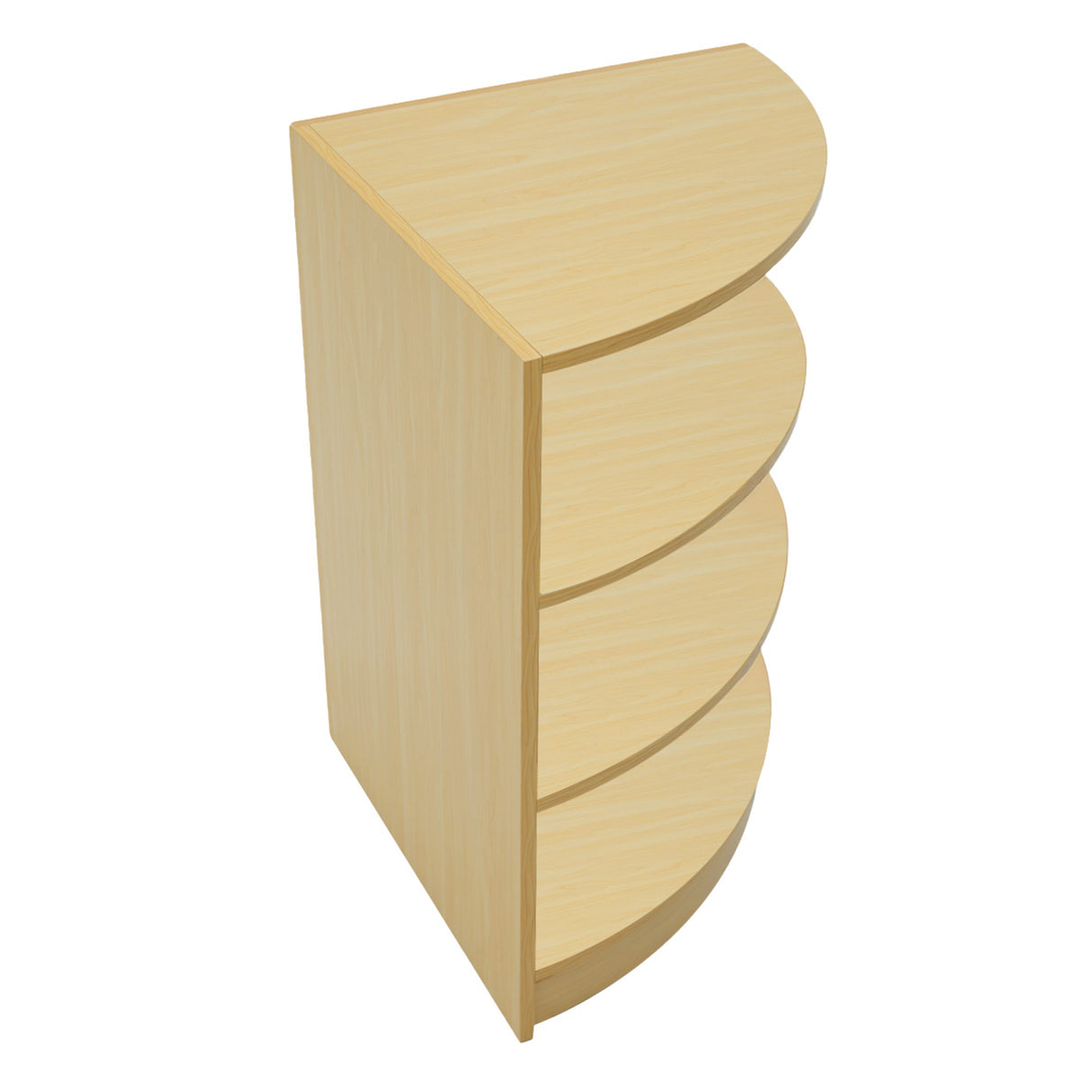 Bancone da negozio Andromeda in legno d'acero con finitura chiara, design curvo e quattro ripiani per esposizione prodotti