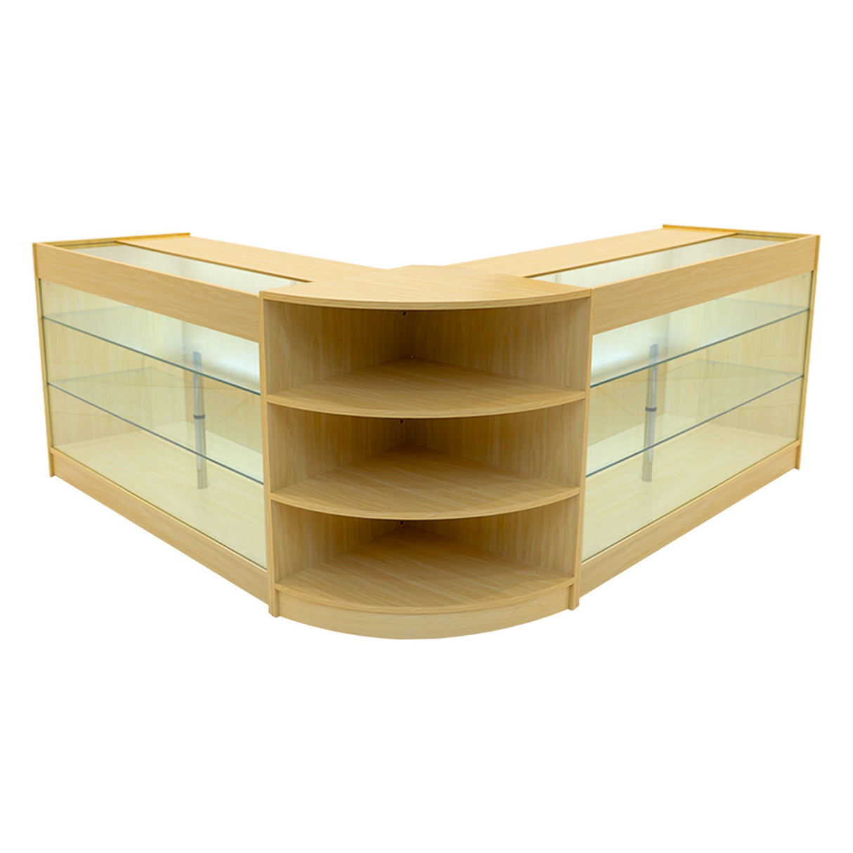Bancone negozio angolare in legno d'acero chiaro con ripiani in vetro e illuminazione LED, design moderno e funzionale