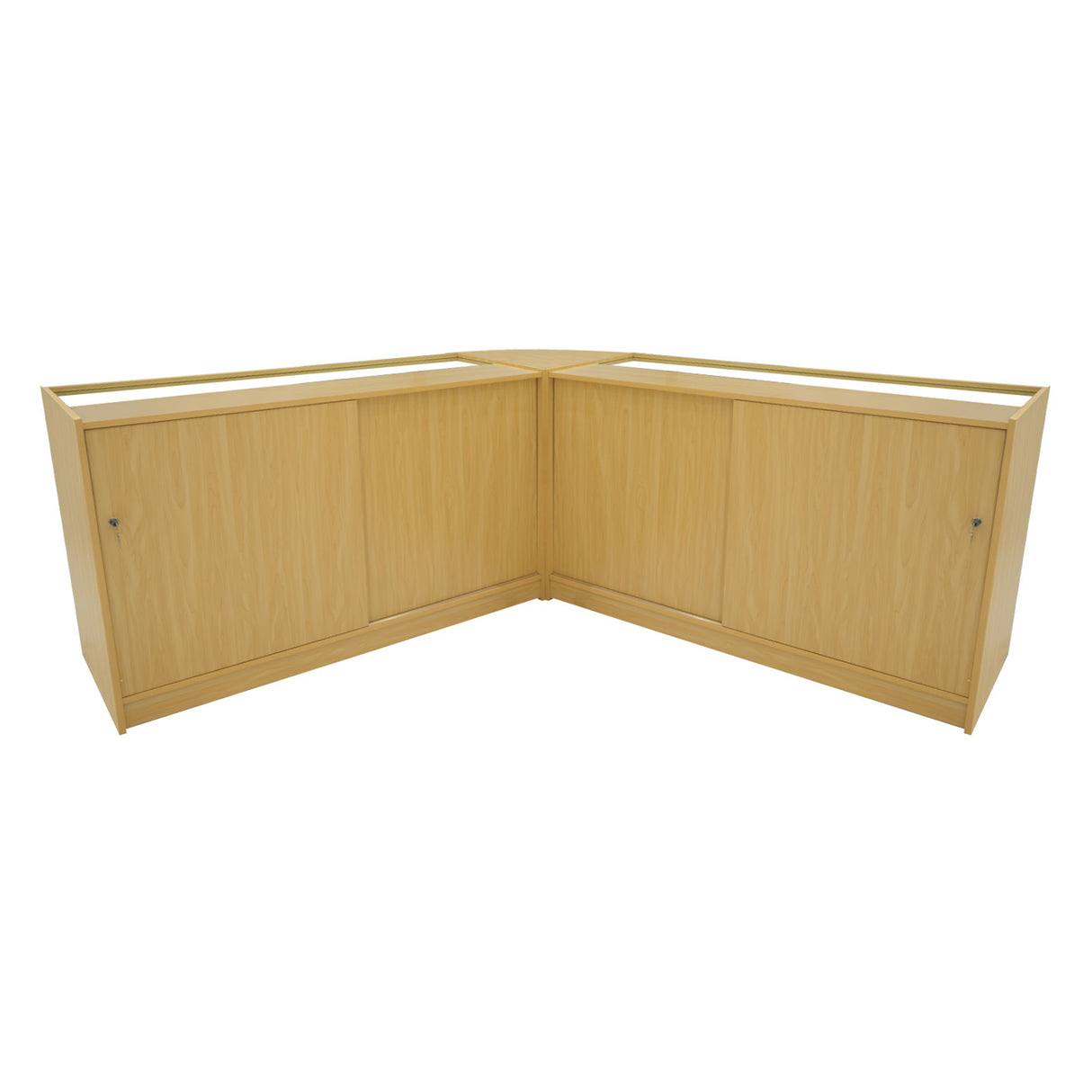 Bancone negozio angolare in legno d'acero con finitura chiara, dotato di illuminazione LED e ante scorrevoli per un accesso facile
