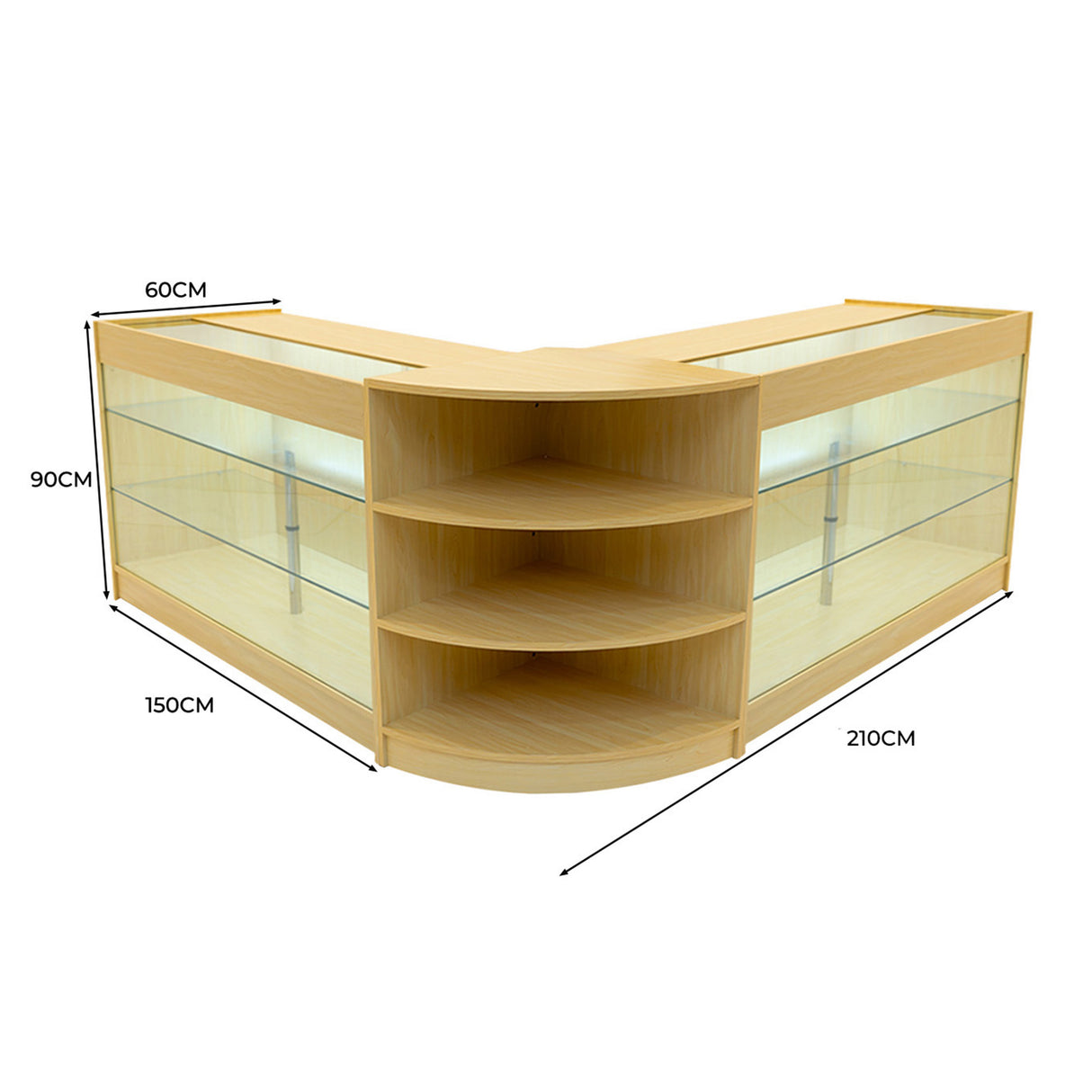 Set bancone negozio Apollo in legno d'acero, angolare, con ripiani in vetro e illuminazione LED, misure 150x90x60 cm