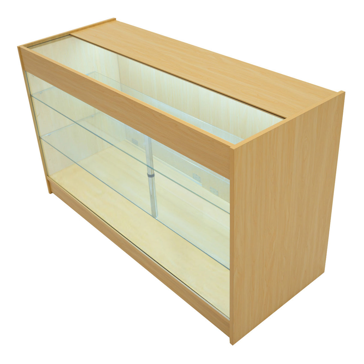 Bancone negozio Apollo in legno d'acero, con illuminazione LED, ripiani in vetro trasparente e design moderno e angolare
