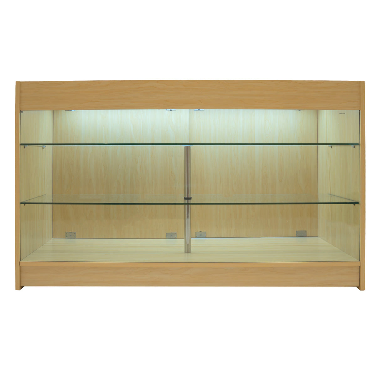 Set bancone negozio Apollo in legno d'acero con illuminazione LED, ripiani in vetro trasparente e design elegante e moderno