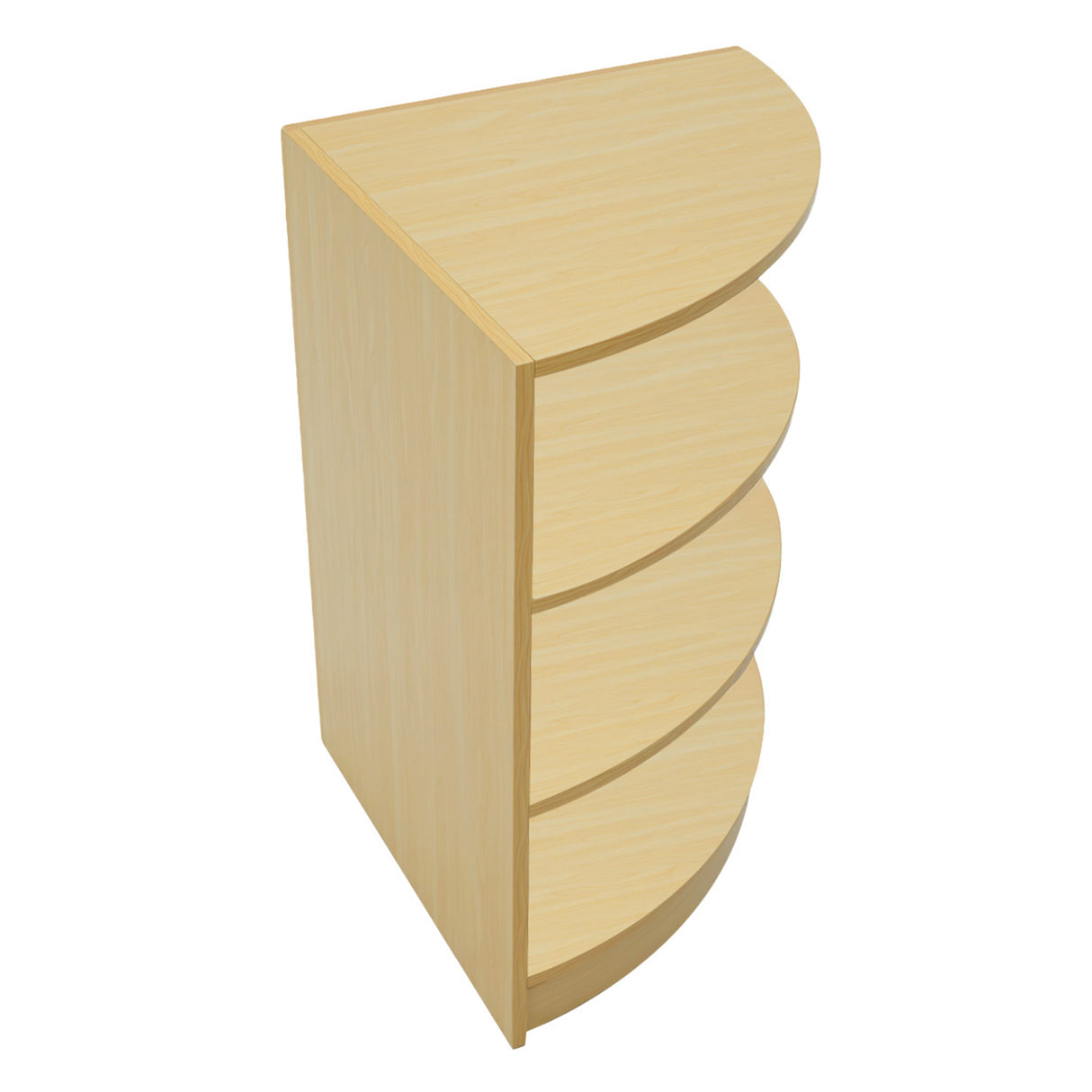 Bancone negozio angolare in legno d'acero chiaro con quattro ripiani curvi, ideale per esposizione e organizzazione prodotti