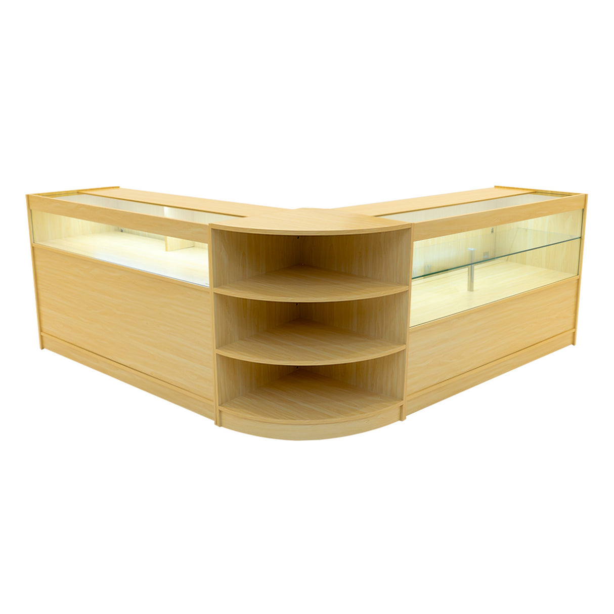 Set banconi LED Harmonia in legno d'acero, con ripiani aperti e vetrina luminosa, design moderno e angolare per esposizione elegante
