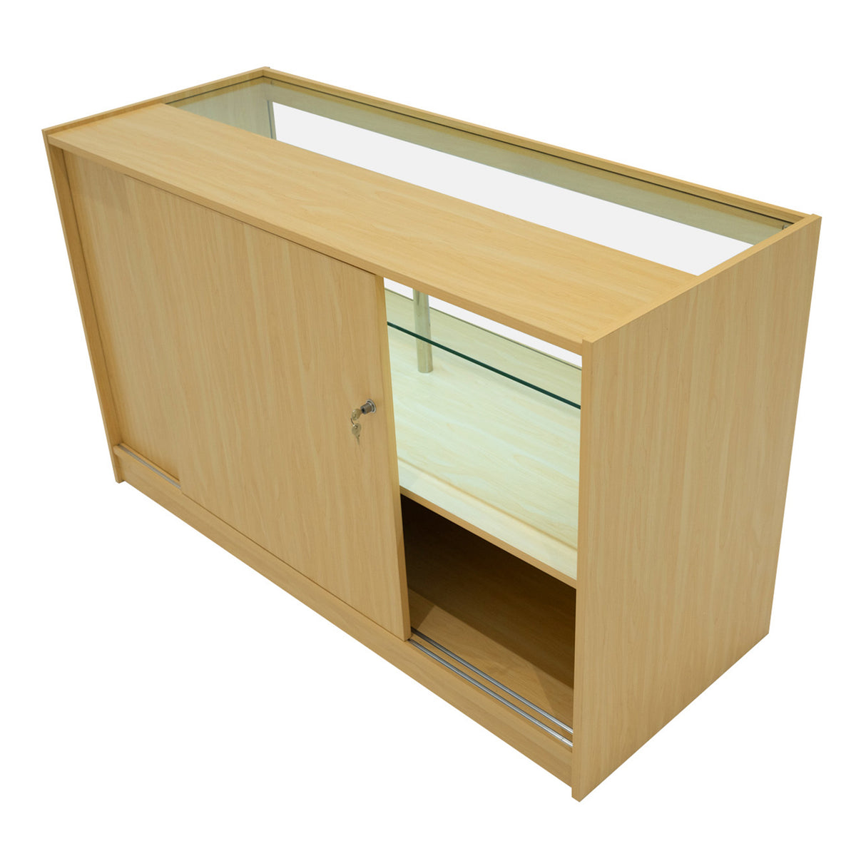 Set banconi LED Harmonia in legno d'acero chiaro, con ante scorrevoli e ripiano in vetro, design moderno e funzionale