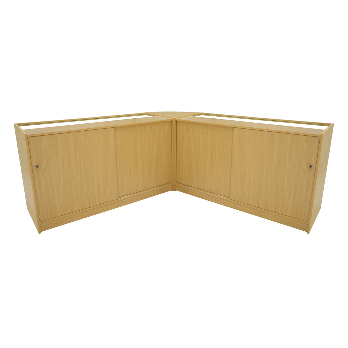 Set banconi LED Harmonia in legno d'acero chiaro, design angolare con ante lisce e finitura lucida, ideale per spazi moderni
