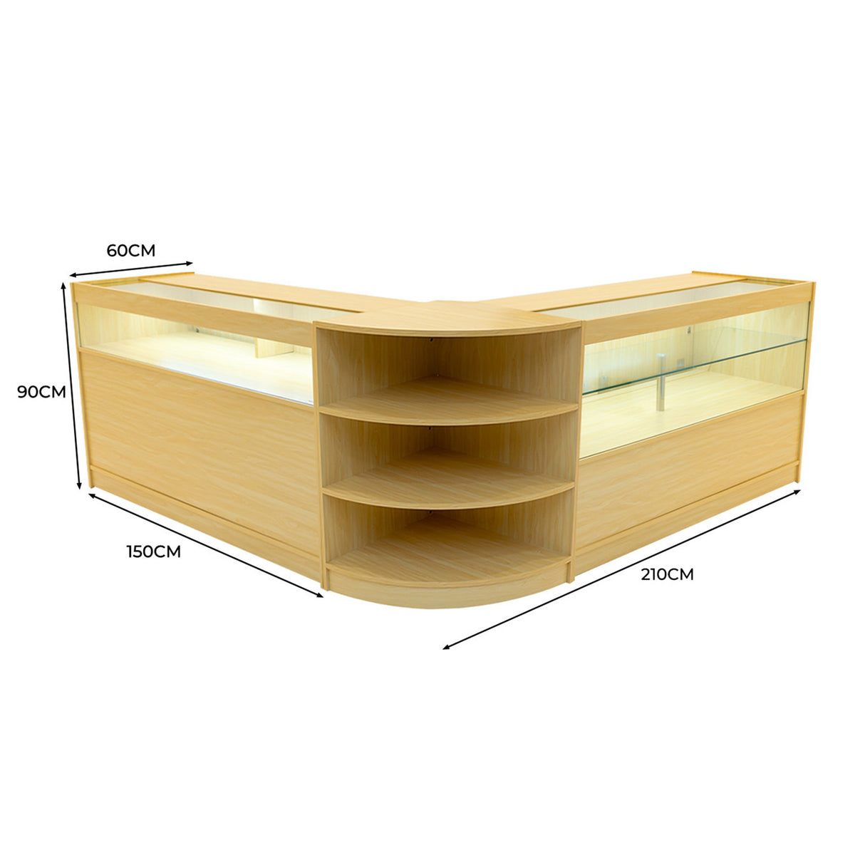 Set banconi LED Harmonia in legno d'acero, angolare, con ripiani interni, illuminazione LED e dimensioni di 210x150x90 cm
