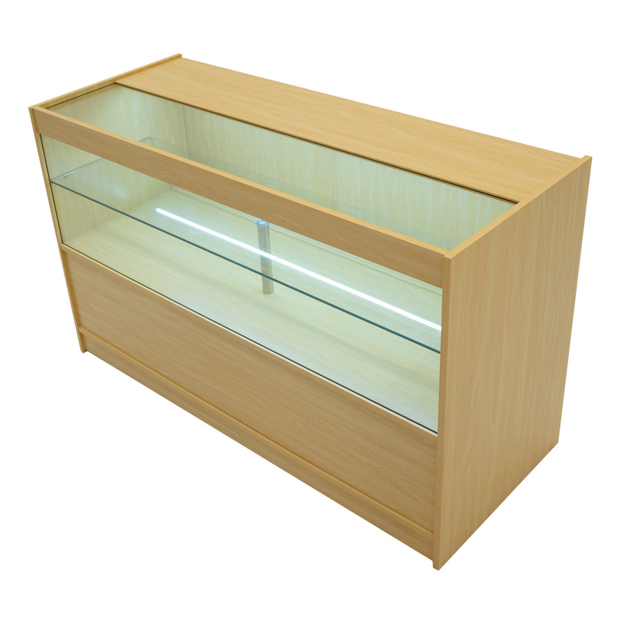 Bancone LED Harmonia in legno d'acero, con ripiano in vetro trasparente e illuminazione interna, design moderno e funzionale