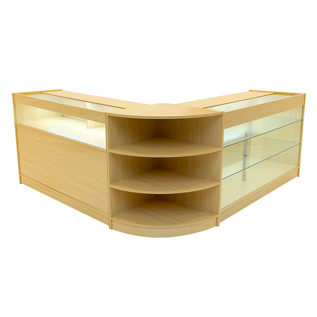 Set banconi LED Demeter in acero chiaro, con ripiani in vetro e finiture lisce, design moderno e angolare per esposizione prodotti