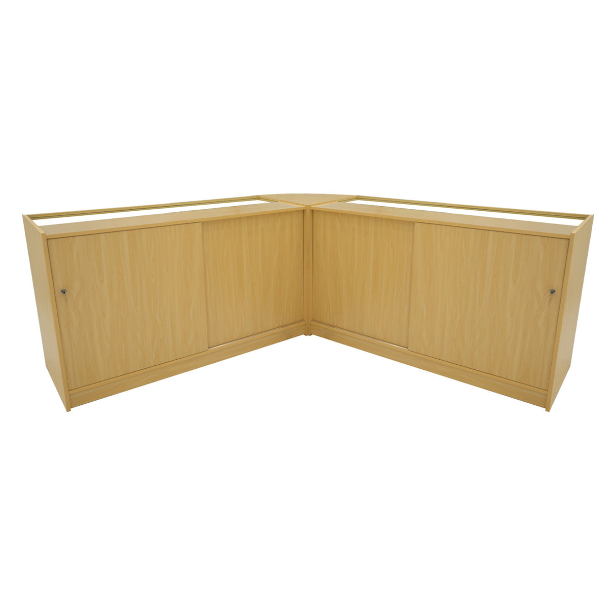Set banconi angolari LED Demeter in legno d'acero chiaro, con superfici lisce e ante scorrevoli per un design moderno ed elegante