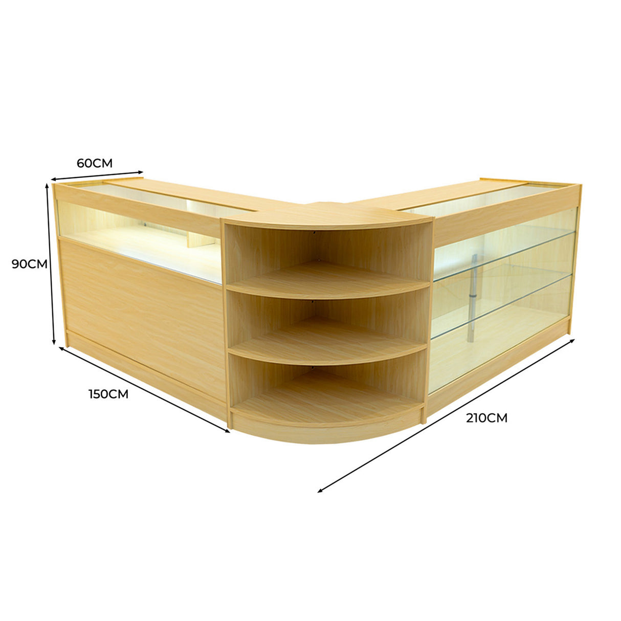 Set banconi LED Demeter in acero, angolare, con ripiani aperti e vetro trasparente, dimensioni 210x150x90 cm, design moderno e luminoso