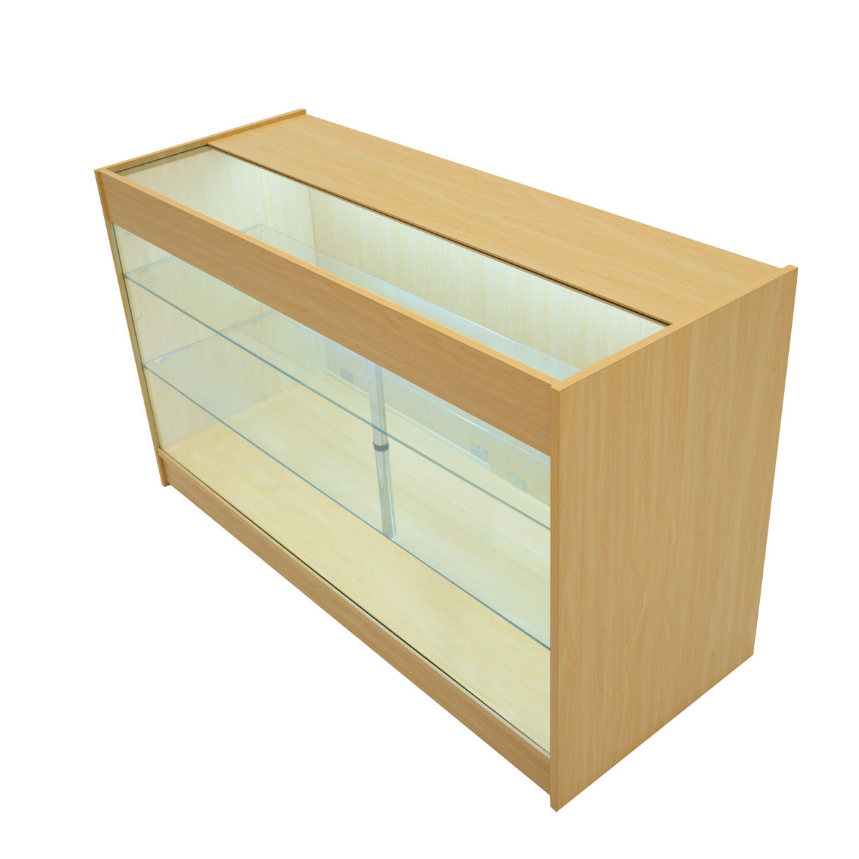 Bancone LED Demeter in legno d'acero, con ripiani in vetro trasparente e illuminazione interna, design moderno e elegante