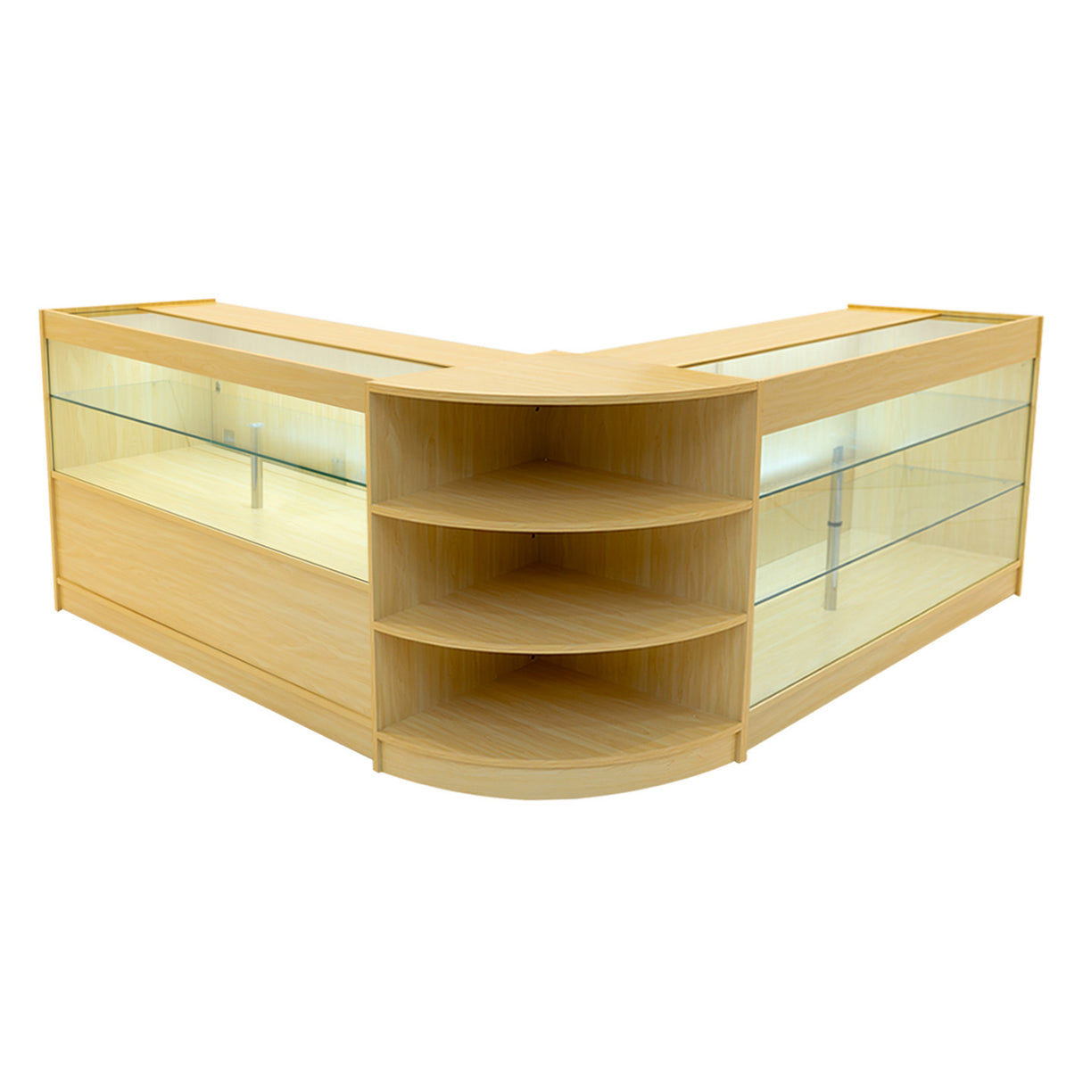 Set banconi negozio Calliope in legno d'acero con illuminazione LED, design angolare, ripiani in vetro trasparente e finitura liscia