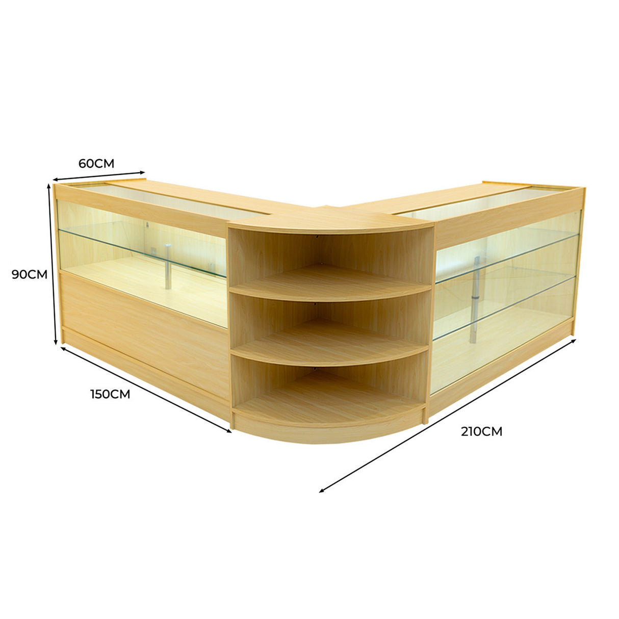 Set banconi negozio Calliope in legno d'acero con illuminazione LED, design angolare, ripiani in vetro e finitura liscia e chiara