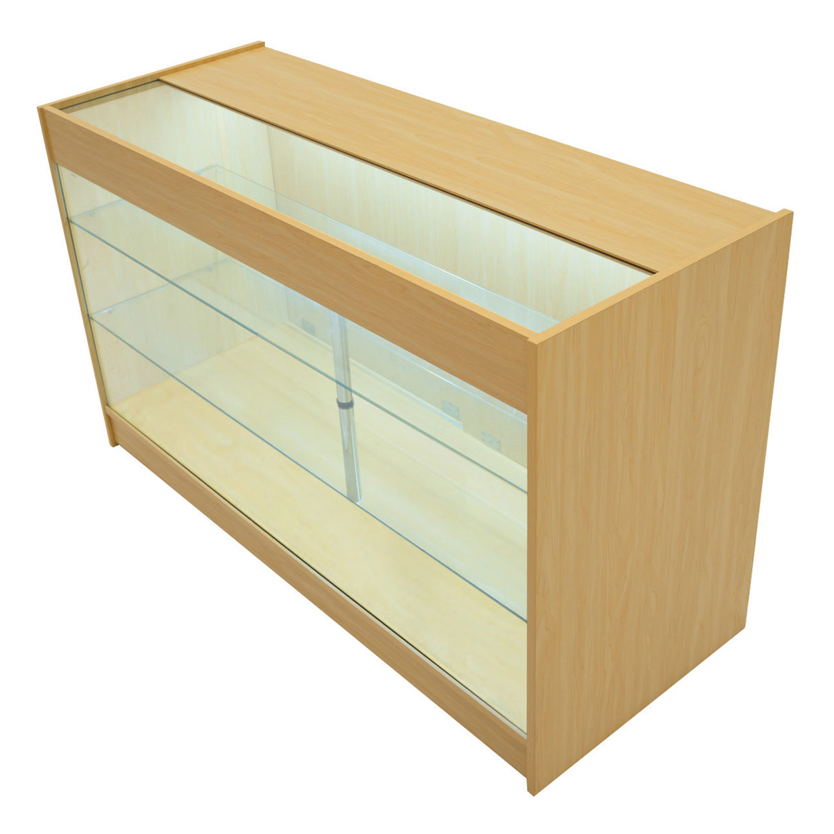 Bancone negozio Calliope in legno d'acero con illuminazione LED, superficie liscia e trasparente, design moderno e funzionale