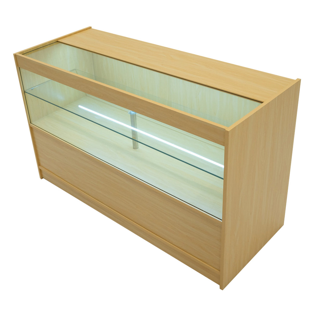 Bancone negozio Calliope in legno d'acero, con ripiani in vetro trasparente e illuminazione LED, design moderno e funzionale