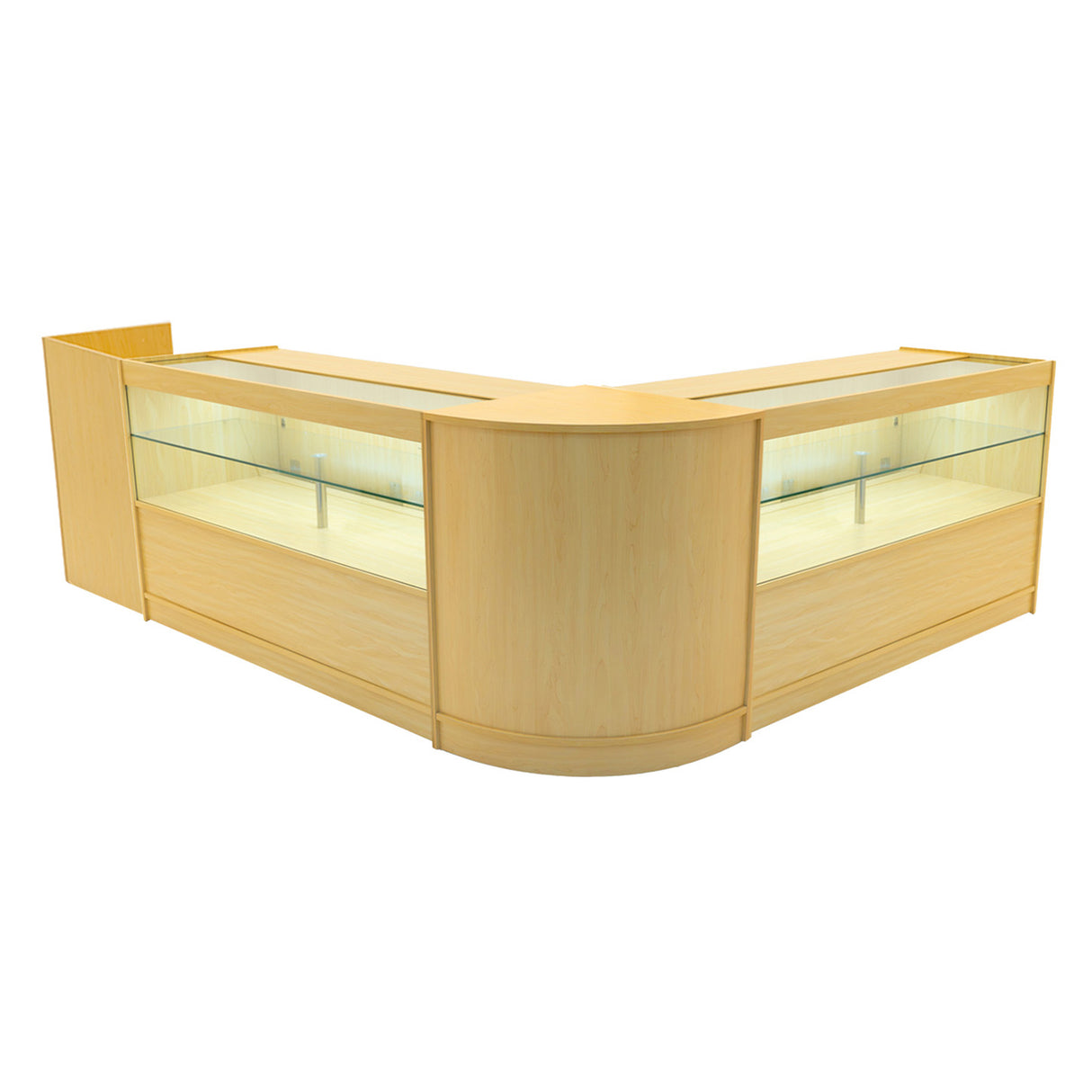 Set banconi negozio Phoenix in legno d'acero chiaro, con illuminazione LED e vetrine trasparenti, design elegante e moderno