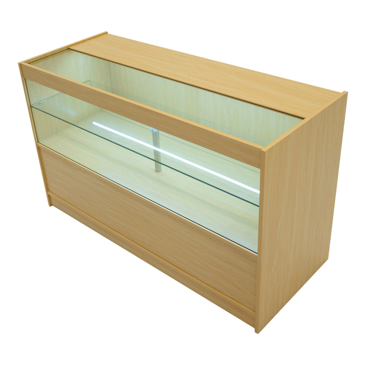 Bancone negozio Phoenix in legno d'acero, con ripiani in vetro e illuminazione LED, design moderno e funzionale per esposizione prodotti