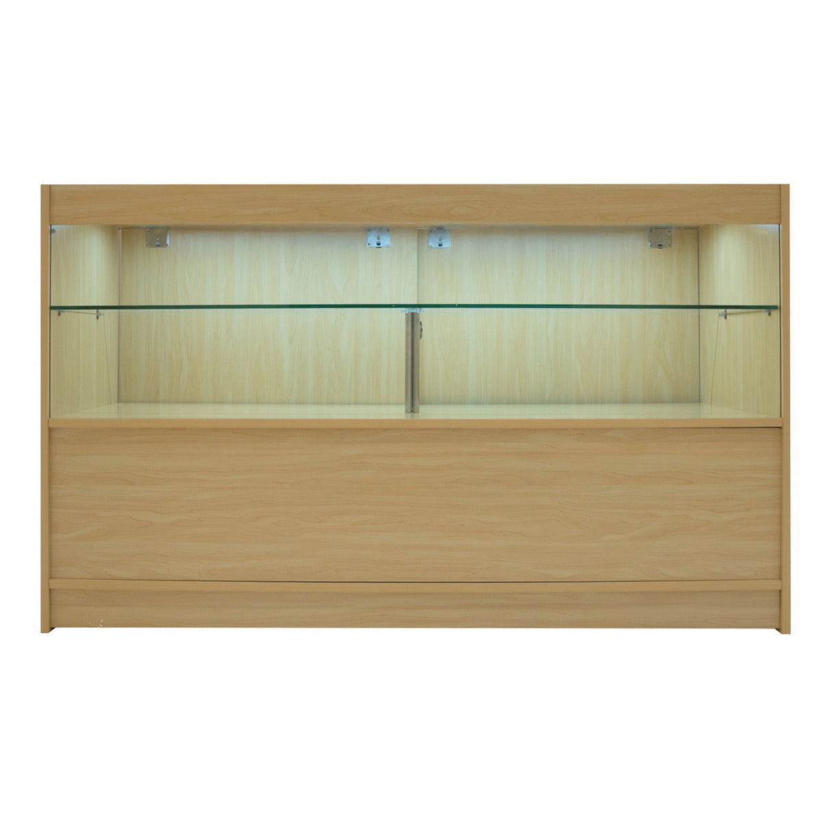 Bancone negozio in legno d'acero chiaro con illuminazione LED, ripiani in vetro trasparente, design moderno e linee pulite