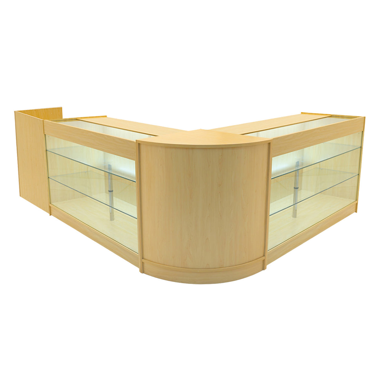 Set banconi LED Aries in legno d'acero chiaro, con ripiani in vetro trasparente e illuminazione integrata, design elegante e moderno