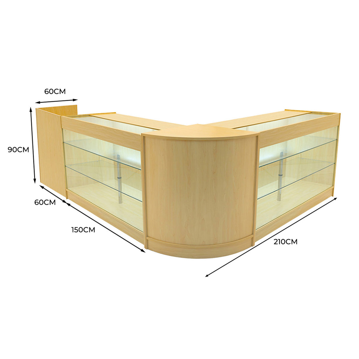 Set banconi angolari LED in acero chiaro, con ripiani in vetro, dimensioni 210x150x90 cm, design moderno e luminoso