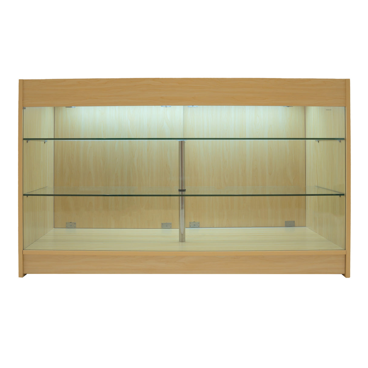 Set banconi LED in acero chiaro, con ripiani in vetro trasparente e illuminazione interna, design elegante e moderno per esposizione