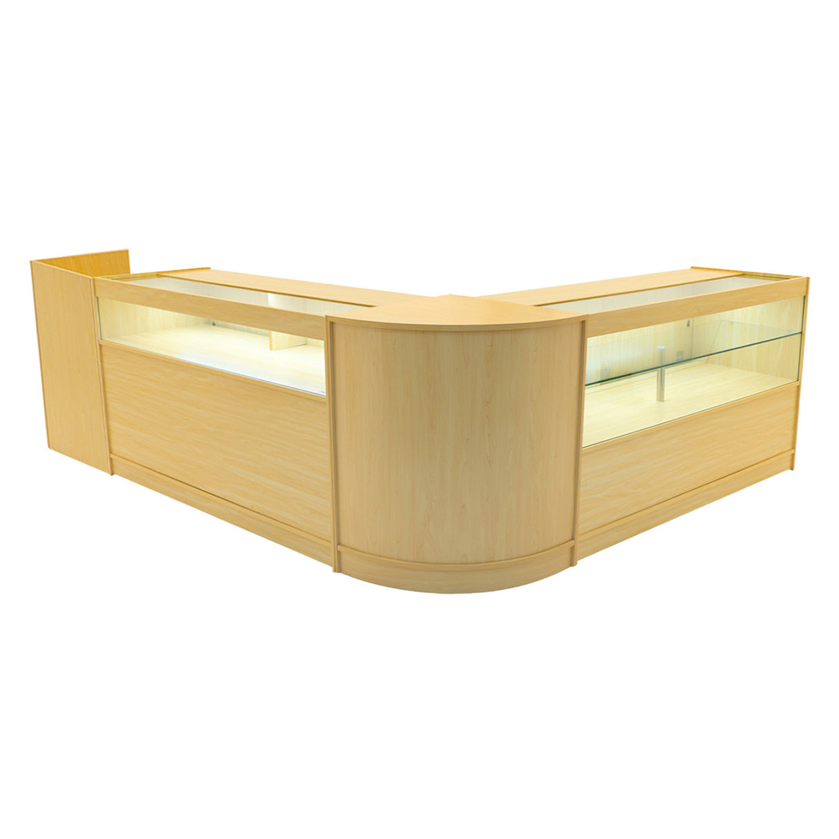 Set di banconi Gravity in legno d'acero, design curvo, con ripiani in vetro trasparente e illuminazione LED integrata, ideale per esposizioni