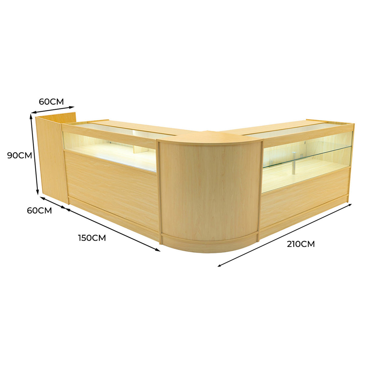 Set di banconi Gravity LED in legno d'acero, angolari, con illuminazione interna, misure 150x210x90 cm, design moderno e funzionale