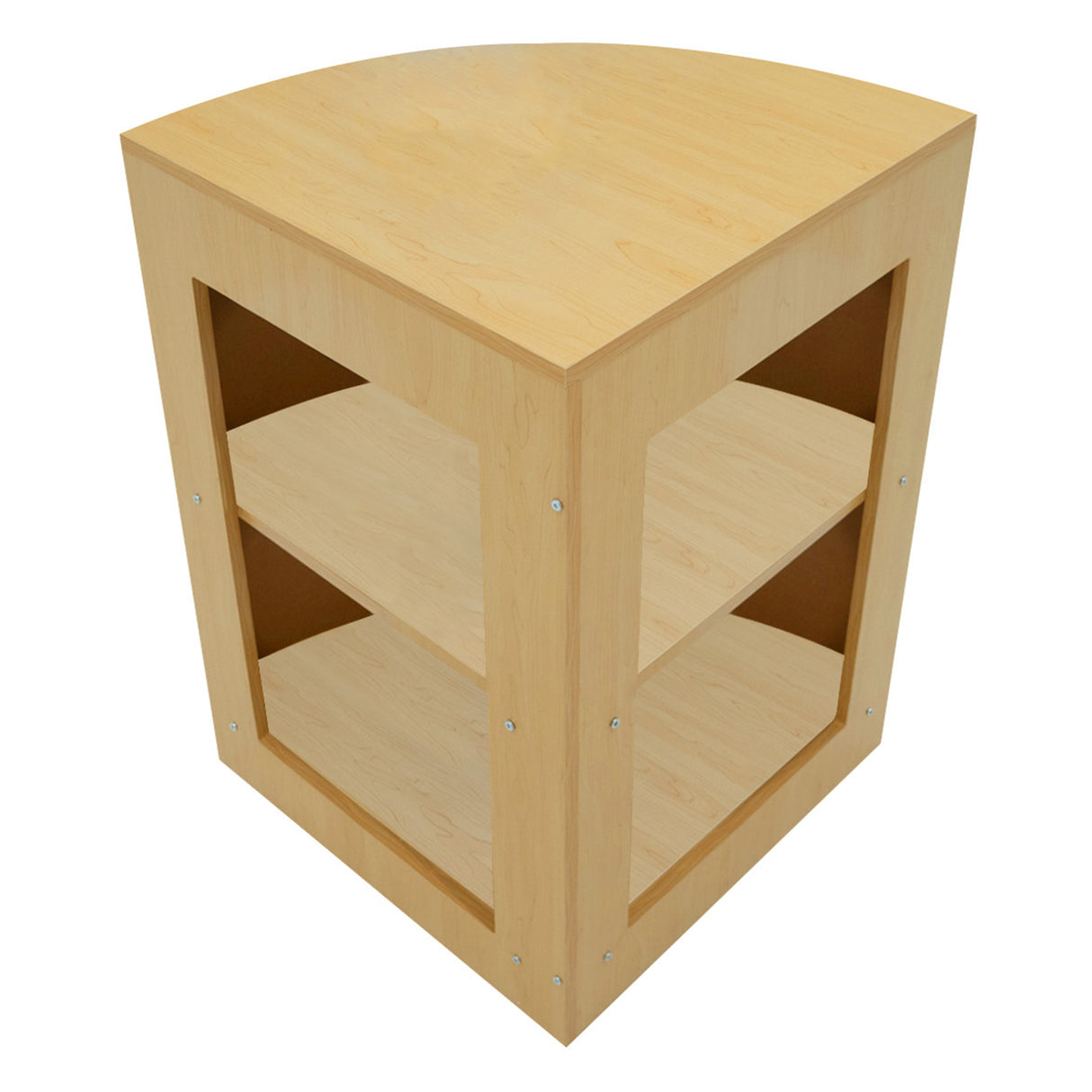 Set banconi in legno d'acero con finitura chiara, design angolare, due ripiani aperti e struttura robusta per esposizione prodotti