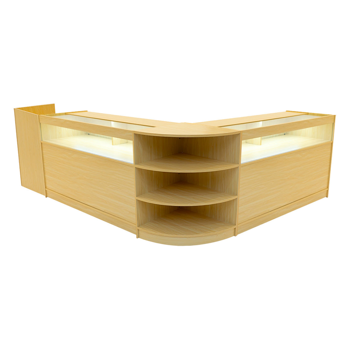 Set banconi LED in acero chiaro, design angolare con ripiani aperti e illuminazione interna, ideale per esposizione e vendita