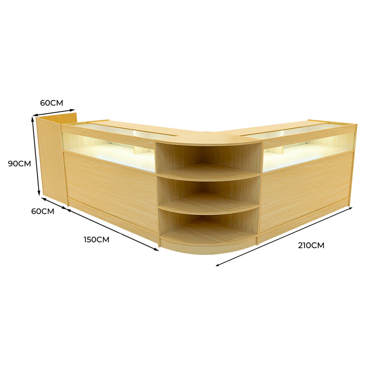 Set banconi angolari LED in acero chiaro, con ripiani e illuminazione, misure 210x150x90 cm, design moderno e funzionale