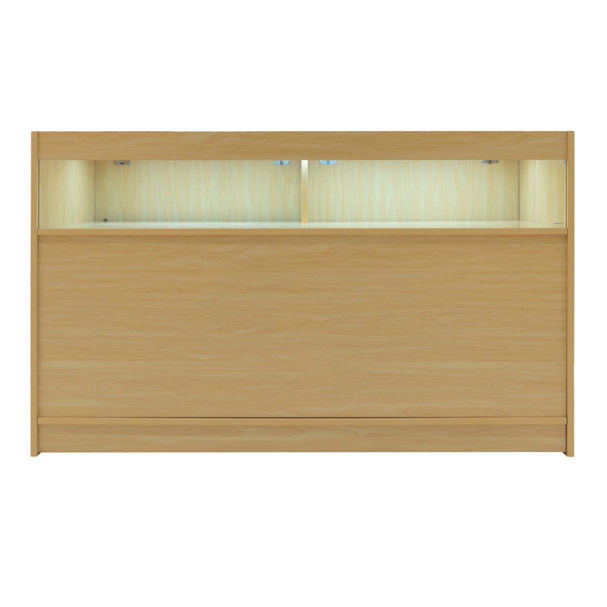 Set banconi LED in acero chiaro, con illuminazione interna, design moderno e linee pulite, ideale per spazi commerciali eleganti