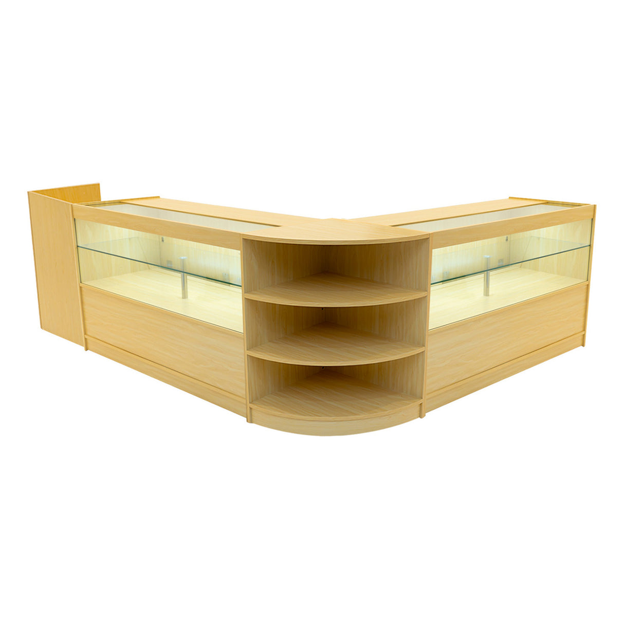 Set banconi angolari in legno d'acero con illuminazione LED, superfici lisce e ripiani trasparenti per esposizione elegante