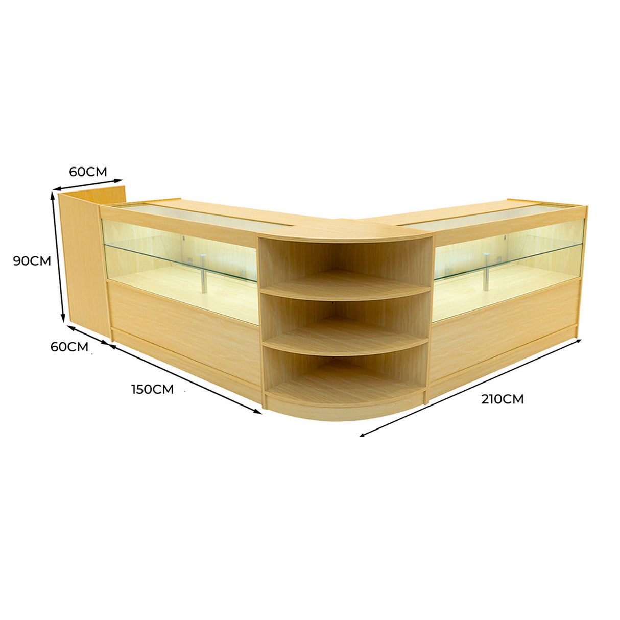 Set banconi angolari in legno d'acero con illuminazione LED, dimensioni 150x90x60 cm, design moderno e superfici lisce e luminose