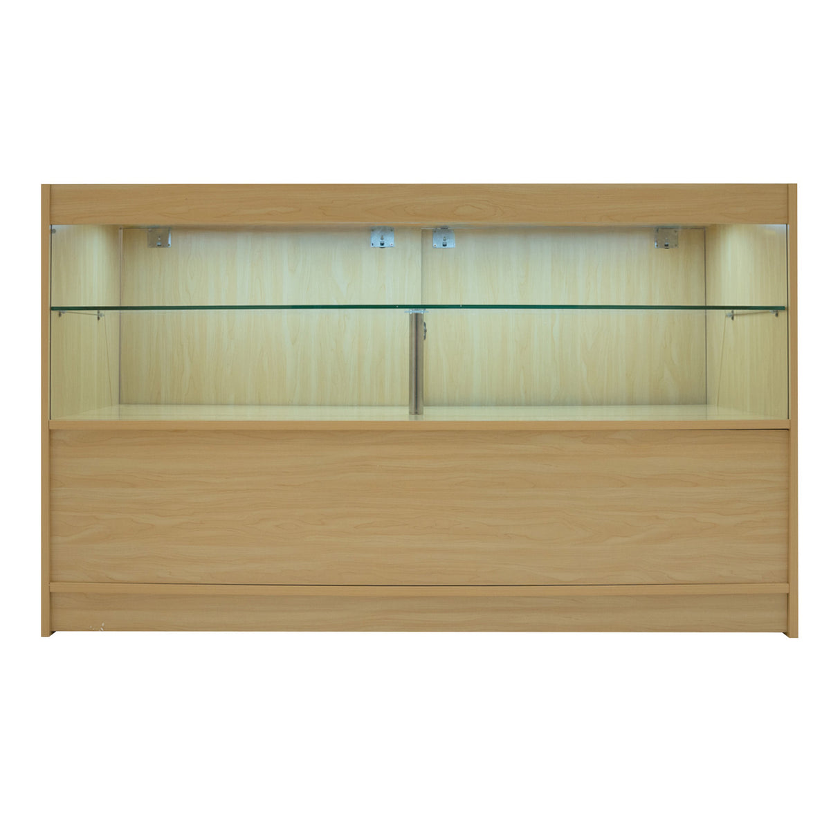 Bancone in legno d'acero con illuminazione LED, superficie liscia e ripiani in vetro, design moderno e funzionale per esposizione