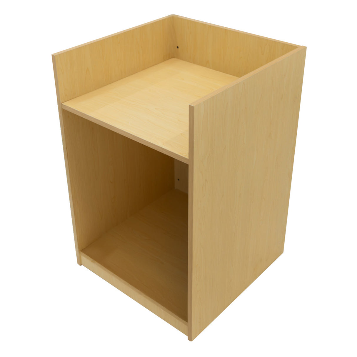 Bancone in legno d'acero chiaro, con due ripiani e illuminazione LED, design moderno e minimalista, ideale per spazi commerciali