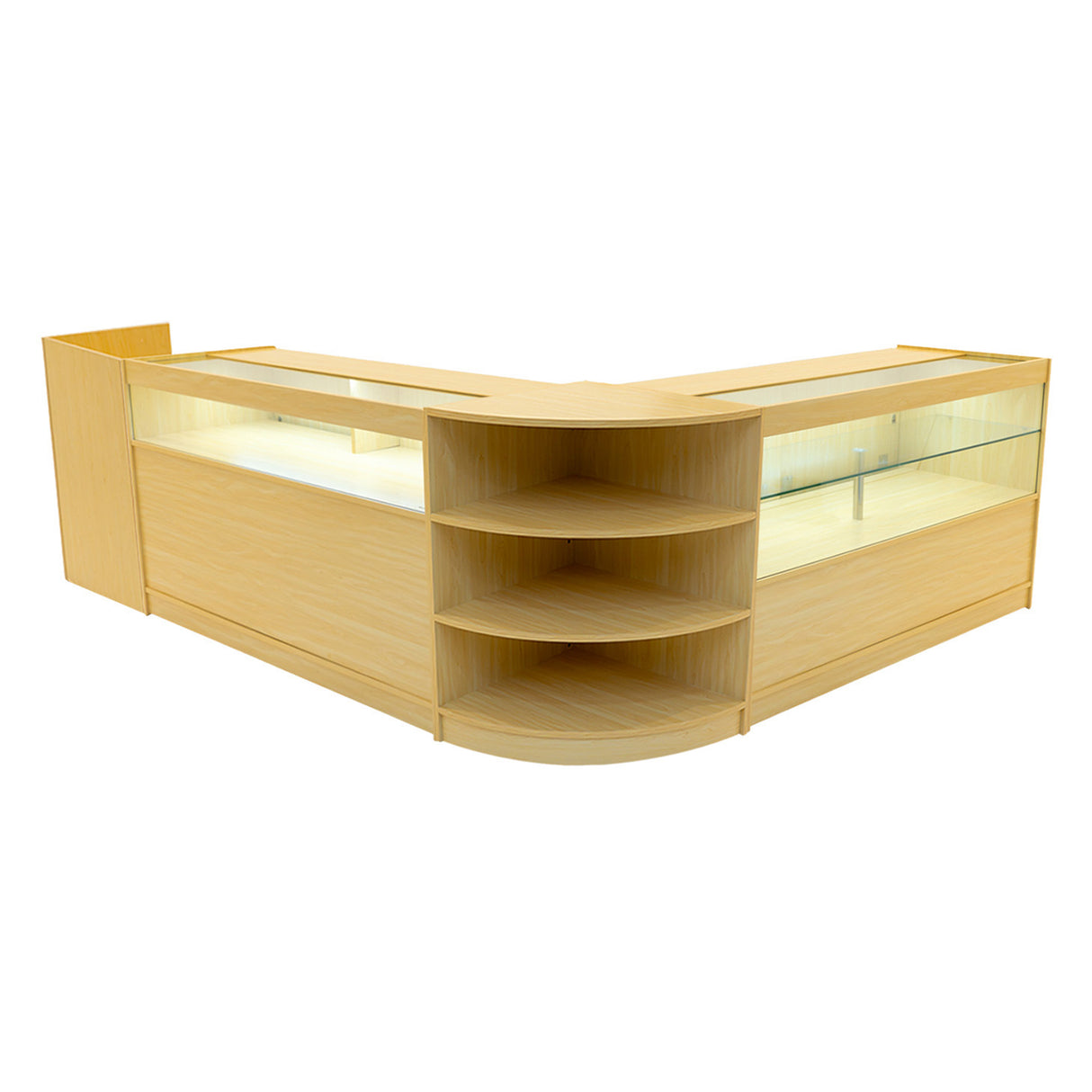 Set banconi in legno d'acero con illuminazione LED, design moderno, angolare, con ripiani aperti e vetrina luminosa per esposizione