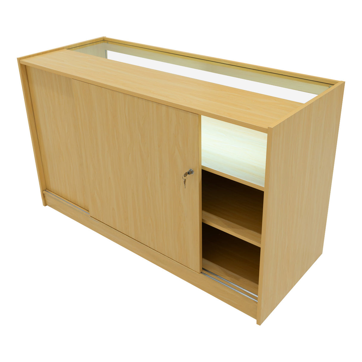 Bancone in legno d'acero con illuminazione LED, ante scorrevoli e ripiani interni, design moderno e luminoso per spazi commerciali
