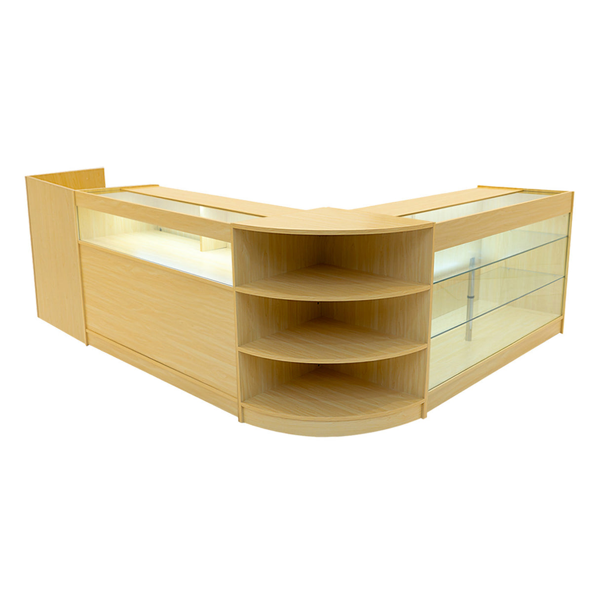 Set banconi in legno d'acero con illuminazione LED, design angolare, ripiani in vetro trasparente e finitura liscia e moderna