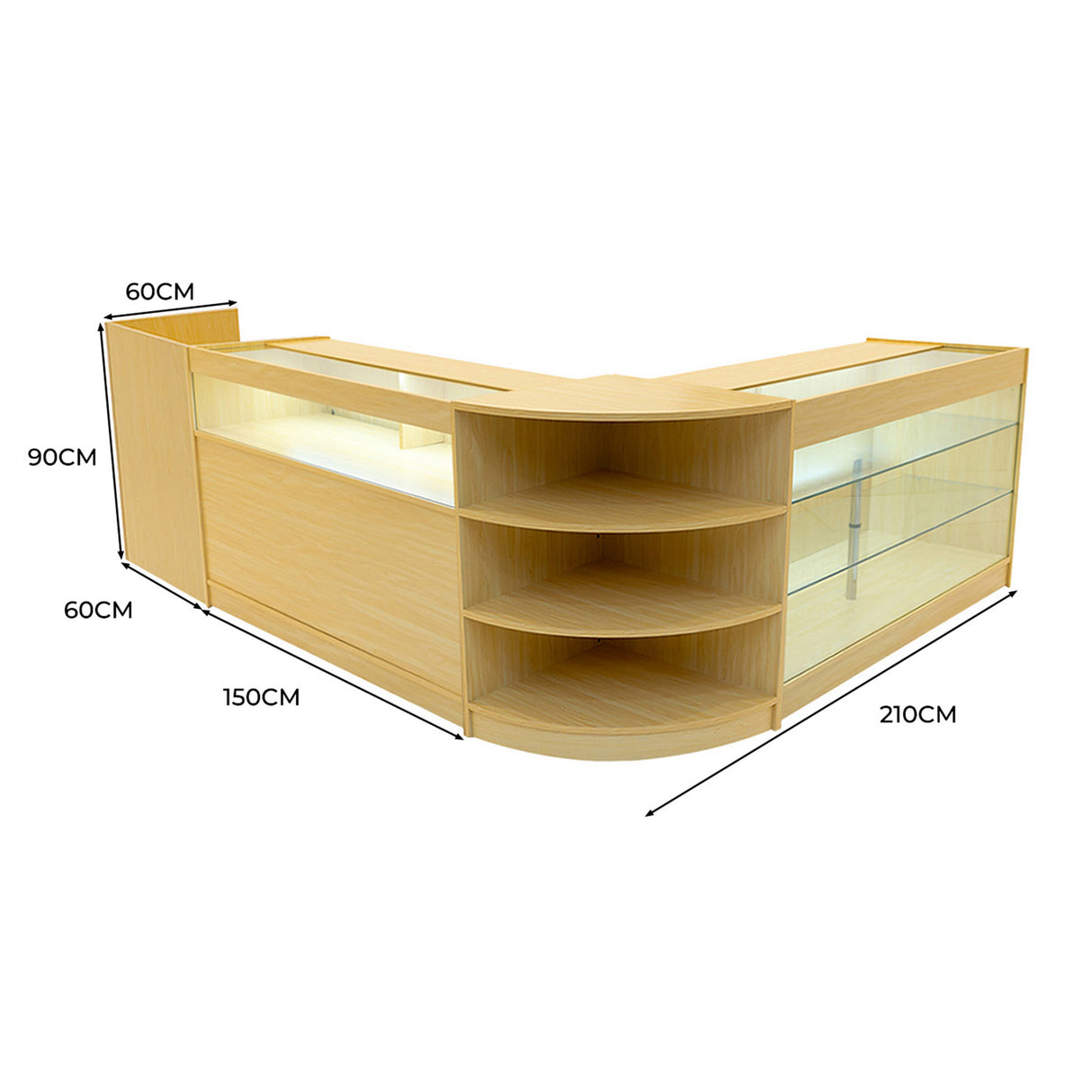 Set banconi in legno d'acero con illuminazione LED, design angolare, ripiani trasparenti e finitura liscia, dimensioni 210x150x90 cm