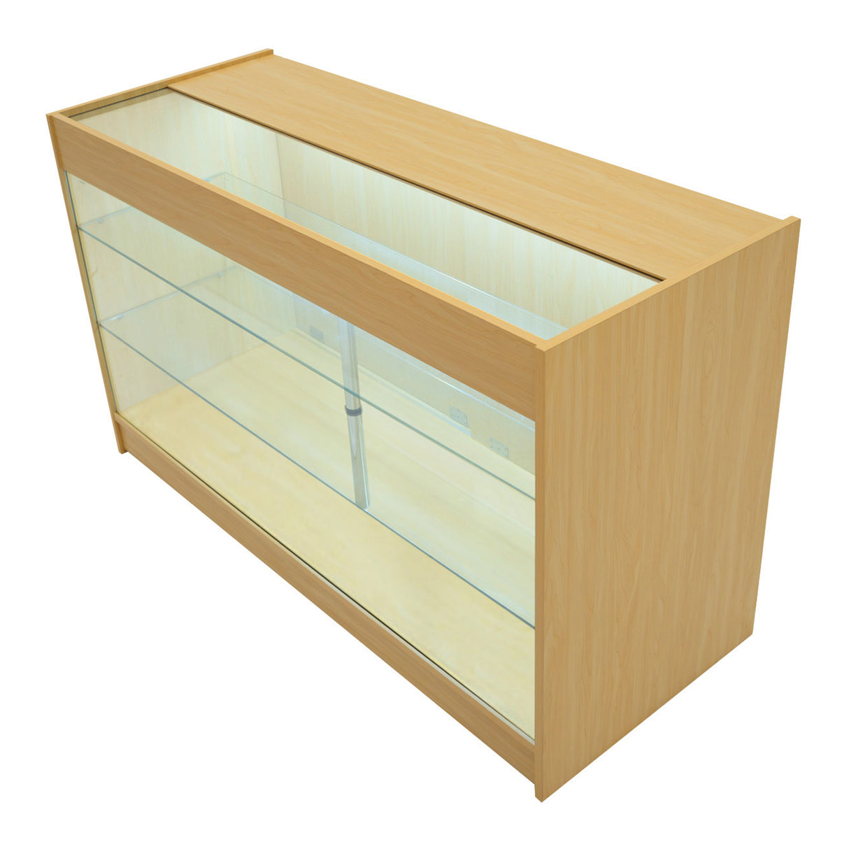 Bancone in legno d'acero con illuminazione LED, superficie liscia e trasparente, design moderno e lineare, ideale per esposizione prodotti