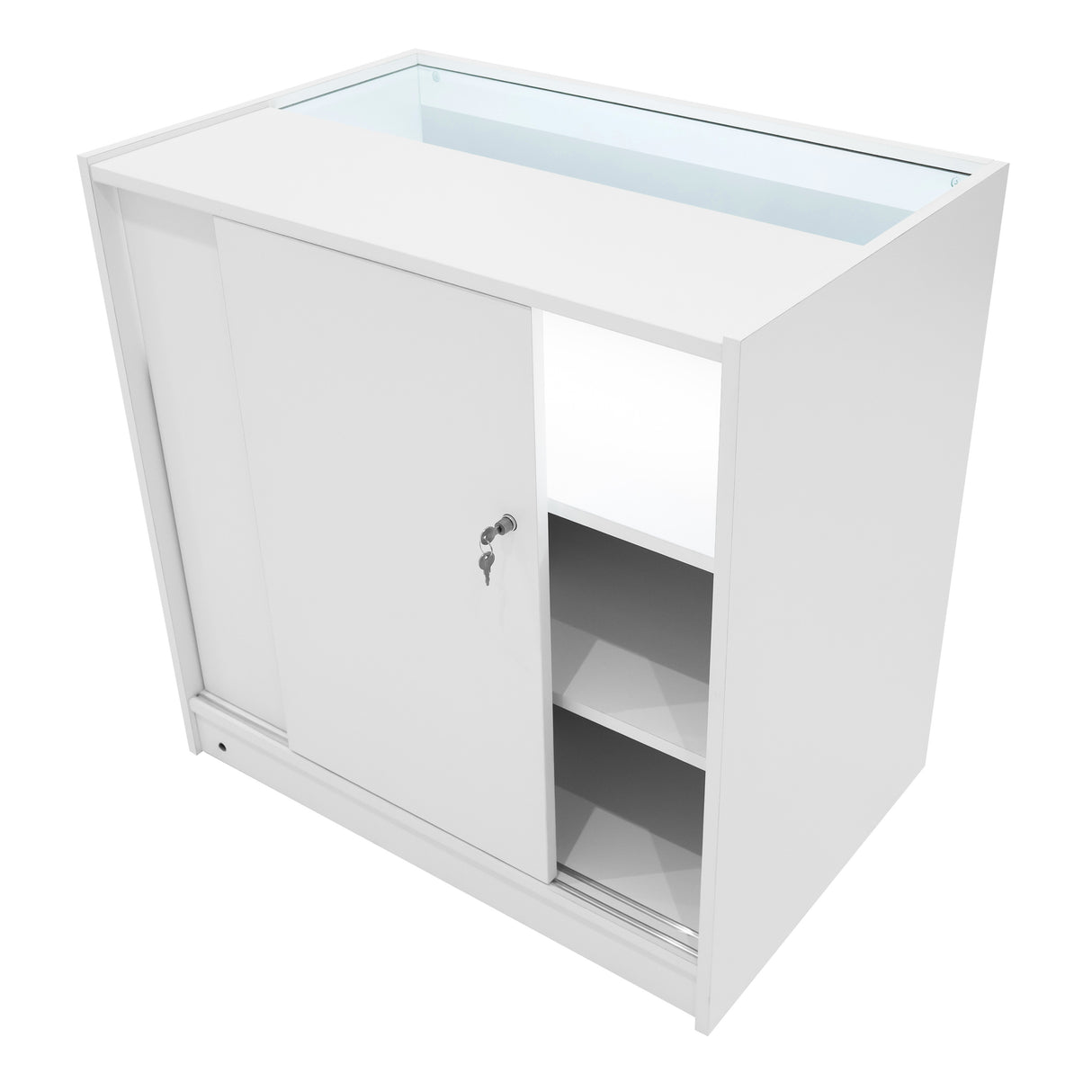 Set Banconi Iris bianco con LED, design moderno, ante scorrevoli, ripiani interni, finitura liscia e lucida, ideale per spazi commerciali