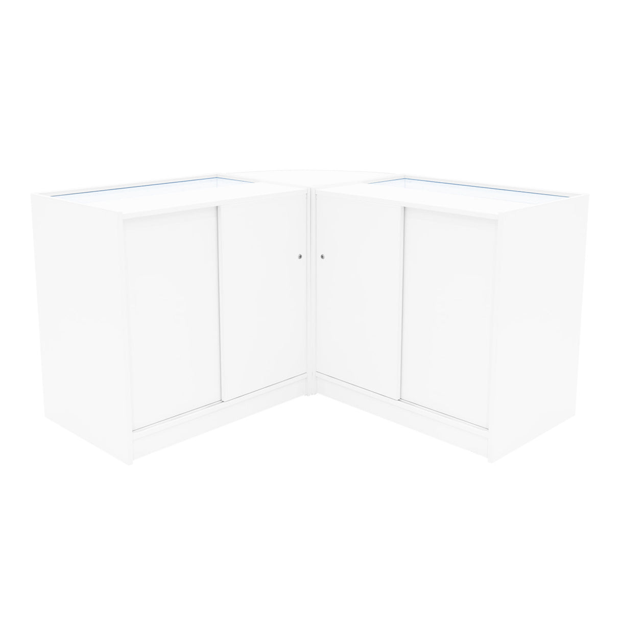 Set di banconi Iris B900 angolari in bianco, con finitura liscia e lucida, dotati di illuminazione LED integrata per un aspetto moderno