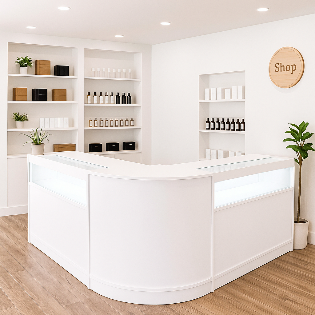 Bancone bianco curvo con illuminazione LED, circondato da scaffali con prodotti e piante decorative, ambiente moderno e luminoso