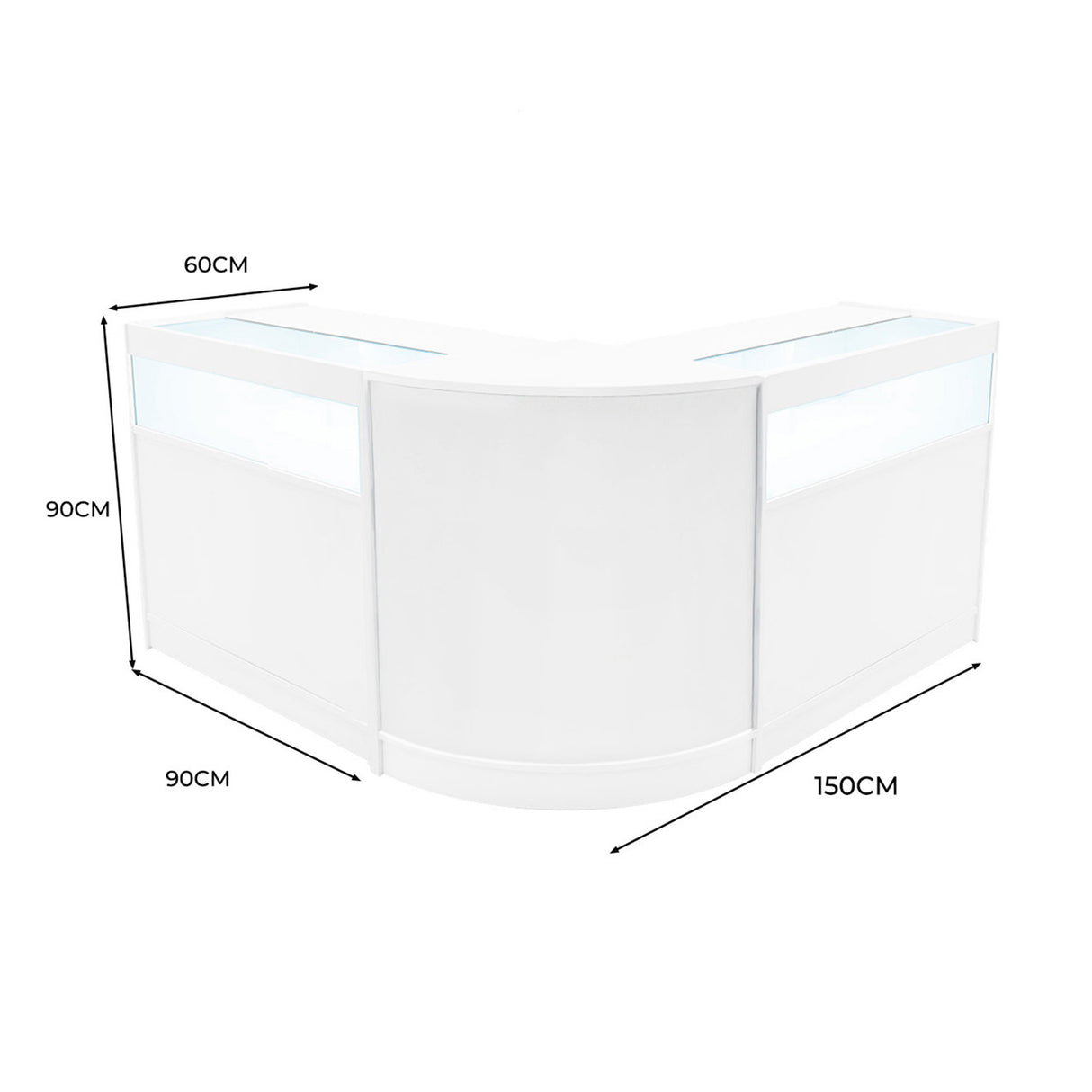 Set di banconi Iris con illuminazione LED, design angolare bianco, dimensioni 150x90x60 cm, superficie liscia e moderna