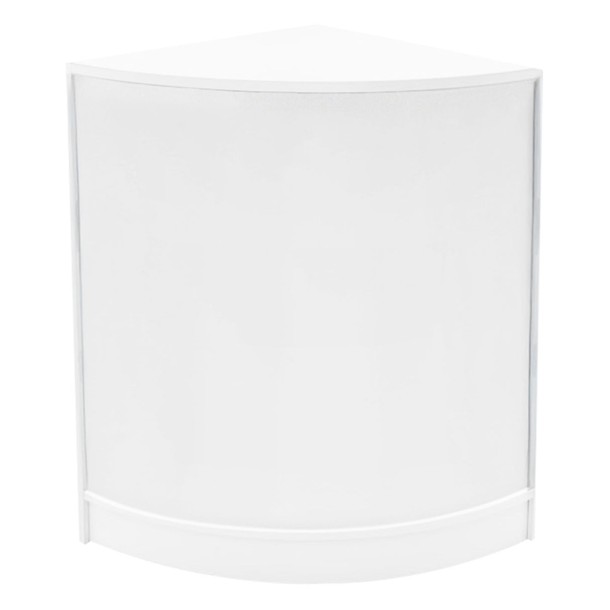 Bancone angolare bianco con finitura lucida, design moderno e linee morbide, ideale per spazi commerciali e esposizioni