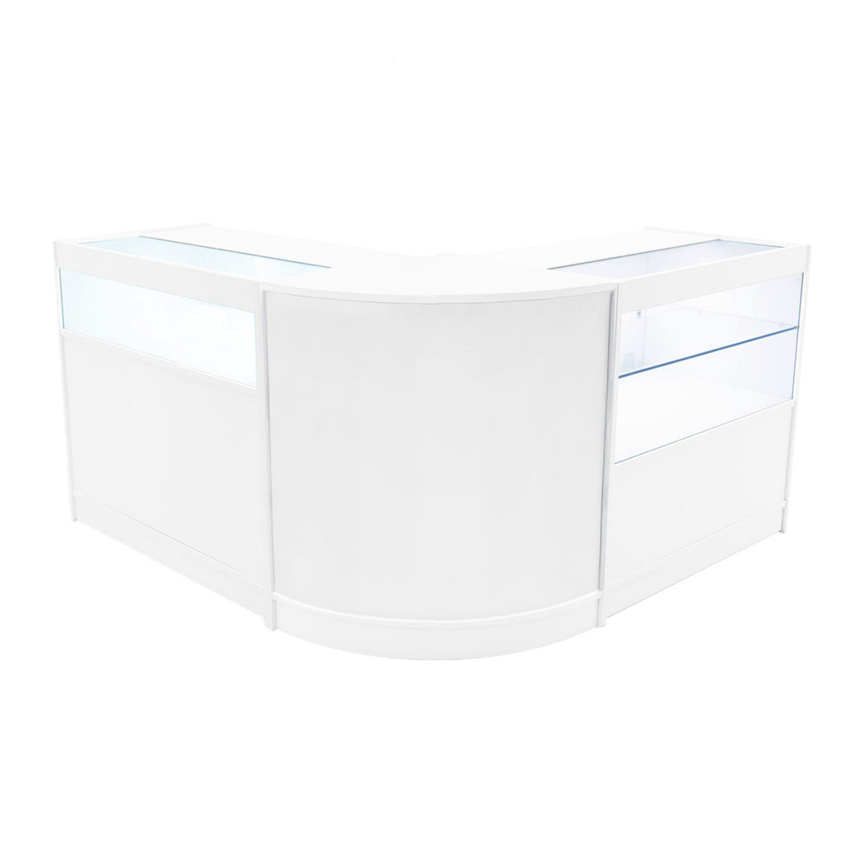Set banconi da negozio Adonis LED in bianco, design angolare elegante con ripiani in vetro e illuminazione integrata per esposizione prodotti