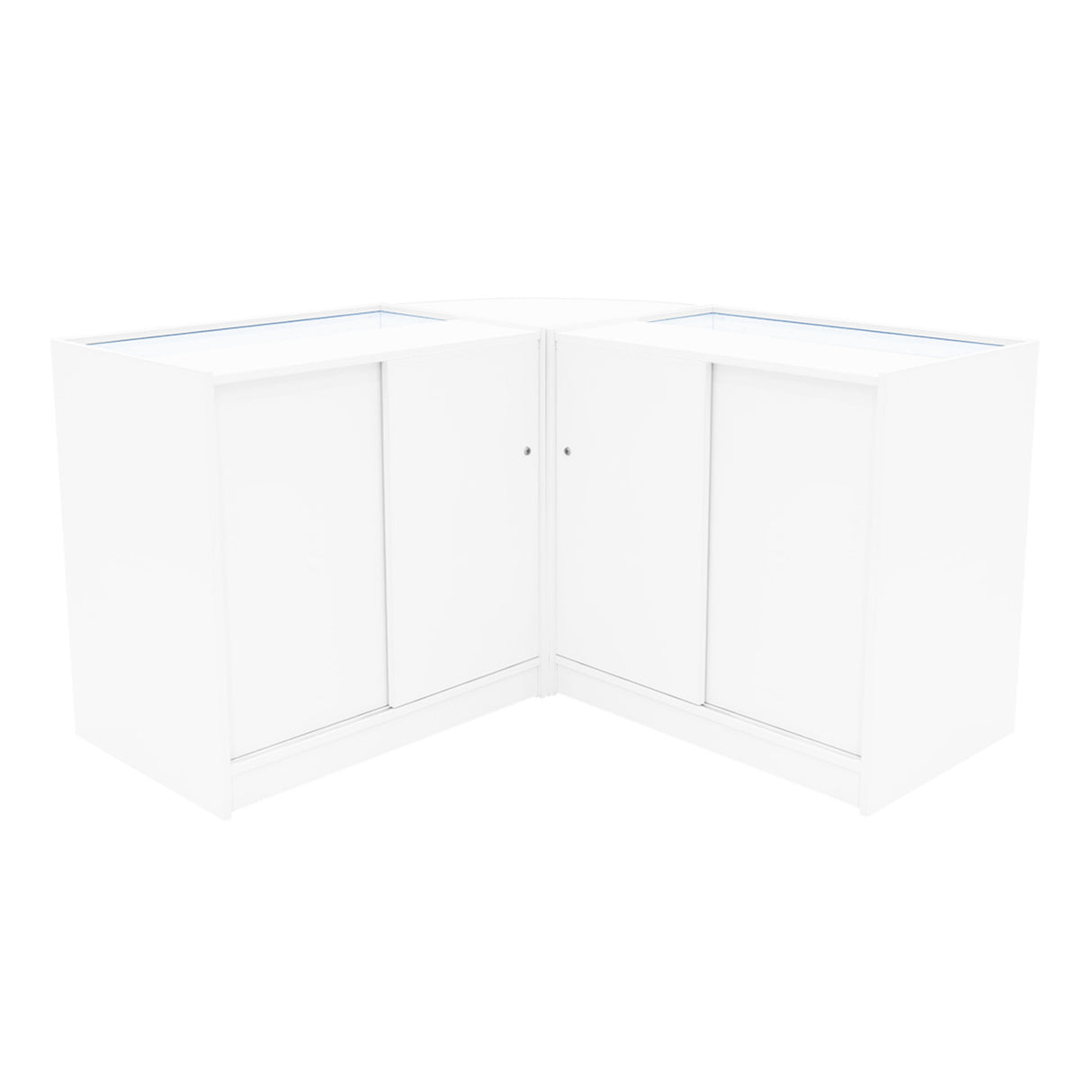 Set di banconi da negozio Adonis LED in bianco, con finitura liscia, angolari e ante scorrevoli per un design moderno ed elegante