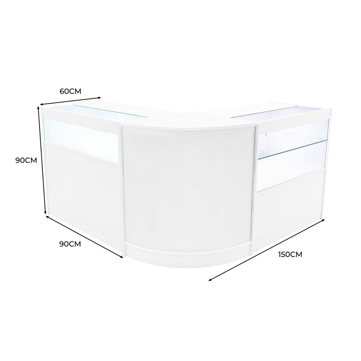 Set banconi da negozio Adonis LED in bianco, con angolo curvo, dimensioni 150x90x60 cm, vetro trasparente e finitura lucida