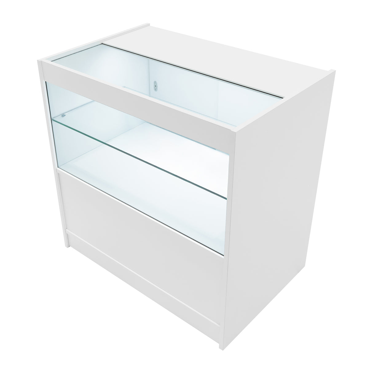 Bancone da negozio Adonis LED in bianco, con vetro trasparente, linee moderne e illuminazione interna per esposizione prodotti